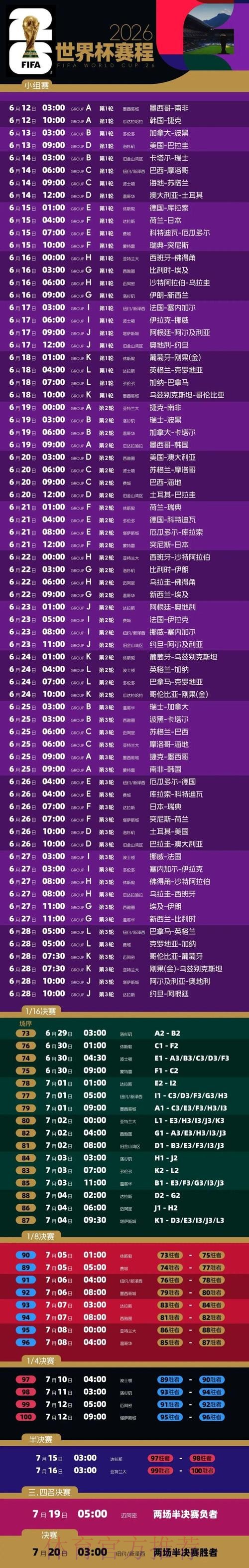 2026世界杯完整赛事时间安排详情